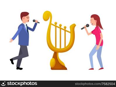 Music tournament vector, singers man and woman with gold trophy in form of harp. Competition musical performance, instrument reward prize for songs. Music Tournament, Singers with Gold Trophy Harp