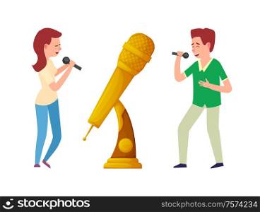 Music trophy vector, gold award microphone and singers. Entertainment contestant of woman and man singing with miles. Reward for best song contest. Music Trophy, Gold Award Microphone and Singers