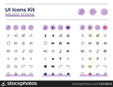 Music UI icons kit. Audio player thin line, glyph and color vector symbols set. Mute and repeat sound. Multimedia mobile app buttons in violet circles pack. Web design elements collection. Music UI icons kit