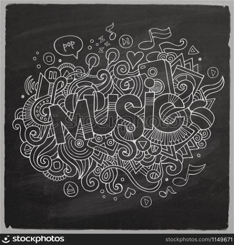 Music Vector hand lettering and doodles elements chalkboard background. Music hand lettering and doodles elements chalkboard back