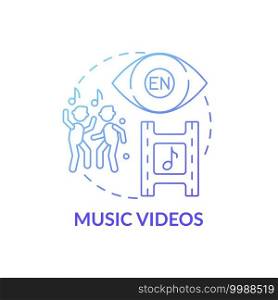 Music videos concept icon. Video for language learning idea thin line illustration. Informal expressions in songs lyrics. Vocabulary and sentence structures. Vector isolated outline RGB color drawing. Music videos concept icon