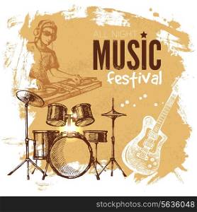 Music vintage background. Splash blob retro design. Music festival poster. Hand drawn sketch vector illustration