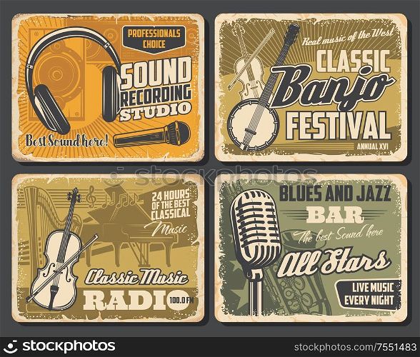 Music vintage retro posters, folk musical festival and professions DJ sound recording studio. Vector banjo guitar and violin, piano and orchestra harp, classic music radio, blues and jazz bar. Music instruments, musical festival, sound studio