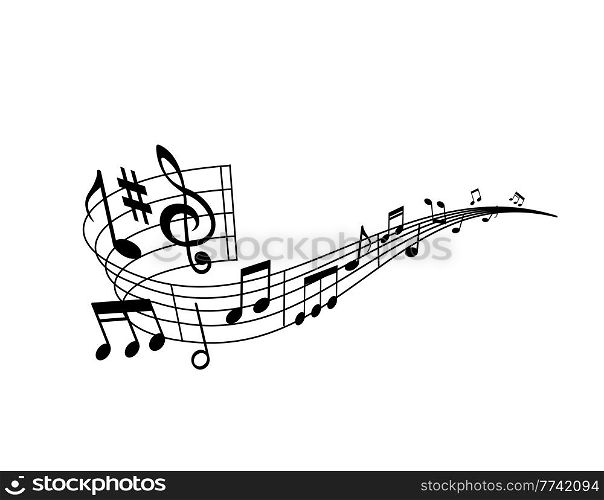 Music wave of musical staff, notes, sharp key, treble clef and bar lines. Vector round swirl with musical notation symbols of classic melody, tune or song, isolated curve of sheet music for piano. Music wave of musical staff, notes, sharp key