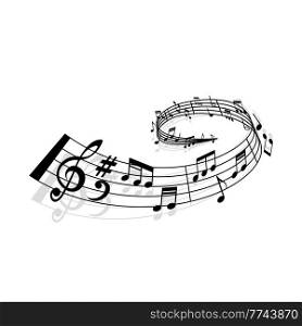 Music wave of notes stave icon for concert or symphonic orchestra, vector. Classic music or philharmonic concert melody notes wave with clef, treble and bass notes, live musical festival. Music wave notes stave, concert or orchestra