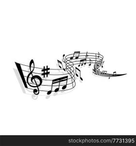 Music wave of vector sheet music with musical notes, swirling staff, treble clef, bar lines and sharp symbol with shadow. Musical notation marks of melody, song and sound composition design. Music wave of musical notes, staff and bar lines