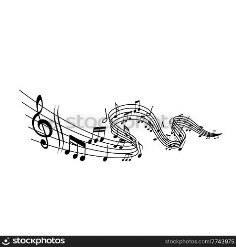 Music wave with staff, treble clef and notes symbols. Music melody, sound or song flow monochrome vector background. Classic music harmony, concert and composer notations backdrop. Melody music wave with staff, treble and notes