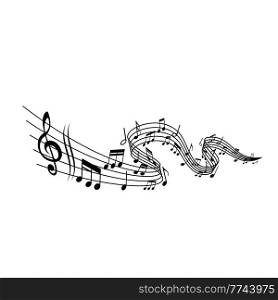 Music wave with staff, treble clef and notes symbols. Music melody, sound or song flow monochrome vector background. Classic music harmony, concert and composer notations backdrop. Melody music wave with staff, treble and notes