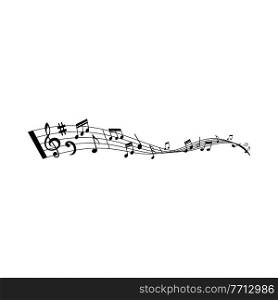 Music wave with vector musical notes of song or melody. Swirling stave or staff with musical notation marks, treble and bass cleves, sharp symbol and bar lines, piano, flute and violin music sheets. Music wave with musical notes, song or melody