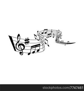 Music wave with vector notes on staff of music sheet with treble clef, musical notation bar lines and sharp key. Isolated black swirl of musical melody, song or tune notes, classic piano music. Music wave with notes on staff of musical sheet