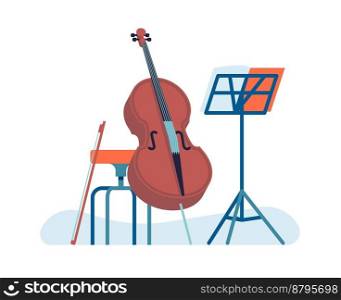 Musical acoustic instrument. Learning to play cello. Music stand and chair. Orchestra performance. Jazz band. Musician concert. Violoncello and bow. Tutorial course. Cellist education. Vector concept. Musical acoustic instrument. Learning to play cello. Music stand and chair. Orchestra performance. Jazz band. Musician concert. Violoncello and bow. Cellist education. Vector concept