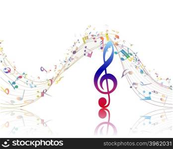 Musical background with clef and colorful notes. Vector illustration.