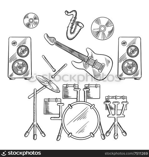 Musical band instruments with drum set, electric guitar, drum sticks, saxophone, disks and speakers. Vector sketch illustration. Musical band instruments sketches set