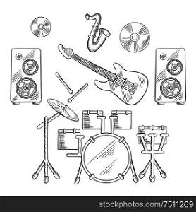Musical band instruments with drum set, electric guitar, drum sticks, saxophone, disks and speakers. Vector sketch illustration. Musical band instruments sketches set