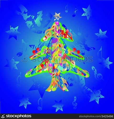 musical christmas tree background, vector illustration