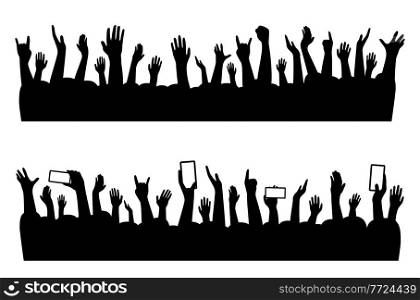 Musical concert hands of people crowd silhouette, vector music party audience background. Music band festival people hands shadow for dance or cheers on rock concert stage or show applause. Musical concert hands of people crowd silhouette