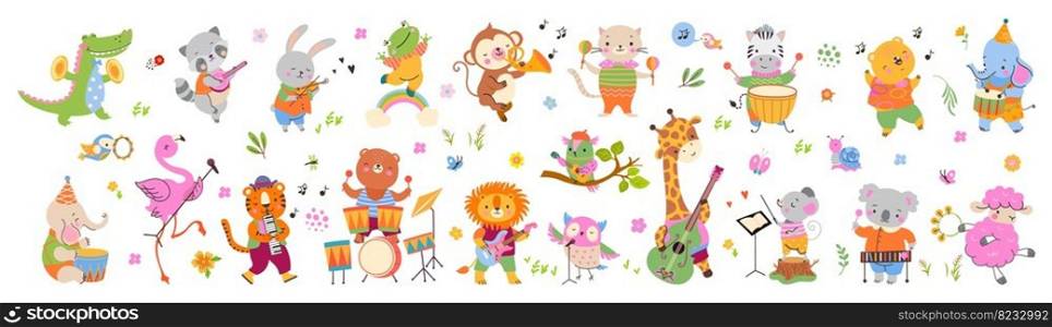 Musical dancing animals, celebration concert. Cartoon animal play musical instruments. Music giraffe, lion, hippo and elephant. Childish nowaday vector collection. Concert music cartoon illustration. Musical dancing animals, celebration concert. Cartoon animal play musical instruments. Music giraffe, lion, hippo and elephant. Childish nowaday vector collection