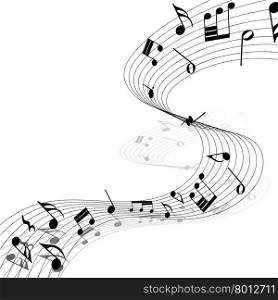 Musical Design Elements From Music Staff With Treble Clef And Notes in Black and White Colors. Elegant Creative Design With Shadows and Isolated on White. Vector Illustration.