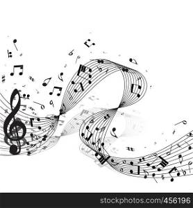 Musical Design From Music Staff Elements With Treble Clef And Notes With Copy Space. Shadow With Transparency; Elegant Creative Design Isolated on White. Vector Illustration.