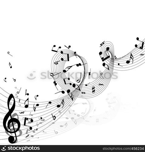 Musical Design From Music Staff Elements With Treble Clef And Notes With Copy Space. Shadow With Transparency; Elegant Creative Design Isolated on White. Vector Illustration.