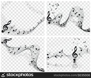 Musical Designs. Musical Designs With Elements From Music Staff , Treble Clef And Notes in Black and White. Vector Illustration.