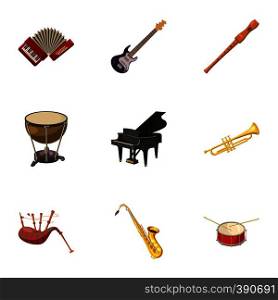 Musical device icons set. Cartoon illustration of 9 musical device vector icons for web. Musical device icons set, cartoon style
