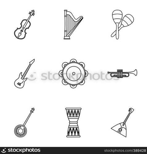 Musical device icons set. Outline illustration of 9 musical device vector icons for web. Musical device icons set, outline style