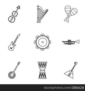 Musical device icons set. Outline illustration of 9 musical device vector icons for web. Musical device icons set, outline style