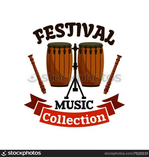 Musical drums. Music festival emblem with vector icon of cuban, african conga drums kit, drum sticks and brown ribbon. Musical drums. Music festival emblem