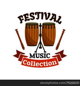 Musical drums. Music festival emblem with vector icon of cuban, african conga drums kit, drum sticks and brown ribbon. Musical drums. Music festival emblem