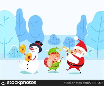 Musical group of cartoon characters playing instrument in winter park. Santa Claus, snowman and elf fairy hero singing song in snowy forest. Players with drum and fife objects near fir-trees vector. Santa and Snowman with Elf in Winter Park Vector