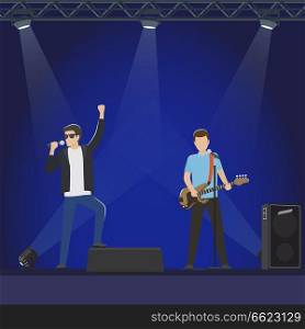 Musical group performs on stage vector illustration. Man in leather jacket sings in microphone and guy in blue T-shirt play guitar.. Musical Group Performs on Big Stage Illustration