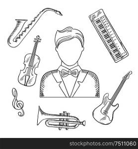 Musical hand drawn icons of musician man in tailcoat, surrounded by electric guitar, trumpet, violin, saxophone, treble clef and synthesizer musical instruments. Sketch style vector. Musical hand drawn icons and objects