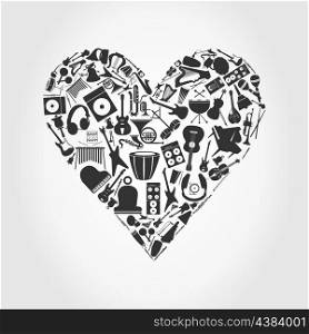 Musical heart3. Heart made of musical instruments. A vector illustration