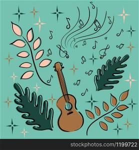 Musical hobby - music, playing a musical instrument, Hawaiian guitar, ukulele. Notes, plants, stars. Vector doodle illustration.. Musical hobby - music, playing a musical instrument, Hawaiian guitar, ukulele