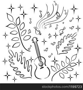Musical hobby - music, playing a musical instrument, Hawaiian guitar, ukulele. Notes, plants, stars. Linear black and white graphics.. Musical hobby - music, playing a musical instrument, Hawaiian guitar, ukulele