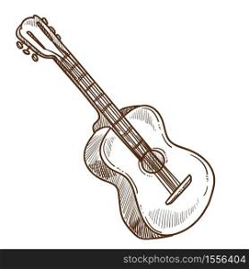 Musical instrument acoustic guitar string isolated sketch music show live performance or concert sound producing device rock and pop genres notes, songs and melodies musician or player wooden item. Acoustic guitar musical instrument isolated sketch music show