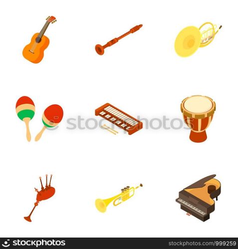 Musical instrument icons set. Isometric set of 9 musical instrument vector icons for web isolated on white background. Musical instrument icons set, isometric style