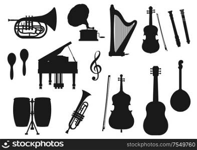 Musical instrument isolated monochrome icons. Vector classic, jazz and folk music tools. Retro drum and violin, piano and trumpet, maracas and horn. Guitar and harp, gramophone and trumpet, cello. Music tools, trumpet, cello, guitar, piano icons