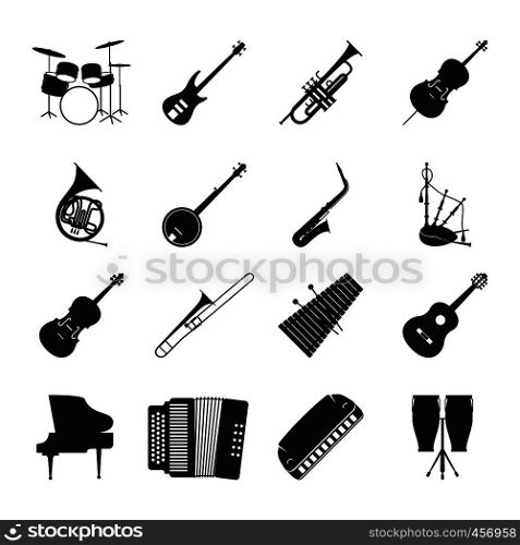 Musical instrument silhouettes for jazz music vector icons set. Jazz musical instrument silhouettes