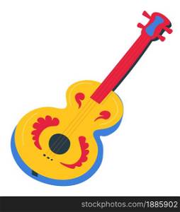 Musical instrument with decorative elements on wooden parts. Isolated acoustic guitar of musician or performer. Flamenco or hispanic songs playing, design of object for music, vector in flat style. Acoustic guitar with ornaments and floral decoration vector