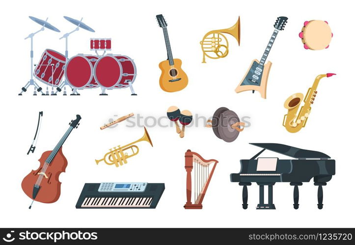 Musical instruments. Acoustic, electric and percussion cartoon vintage equipment for music concerts and party. Vector illustration music instrument jazz, folk and traditional set. Musical instruments. Acoustic, electric and percussion cartoon vintage equipment for music concerts and party. Vector jazz, folk and traditional set