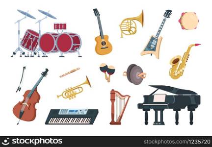 Musical instruments. Acoustic, electric and percussion cartoon vintage equipment for music concerts and party. Vector illustration music instrument jazz, folk and traditional set. Musical instruments. Acoustic, electric and percussion cartoon vintage equipment for music concerts and party. Vector jazz, folk and traditional set