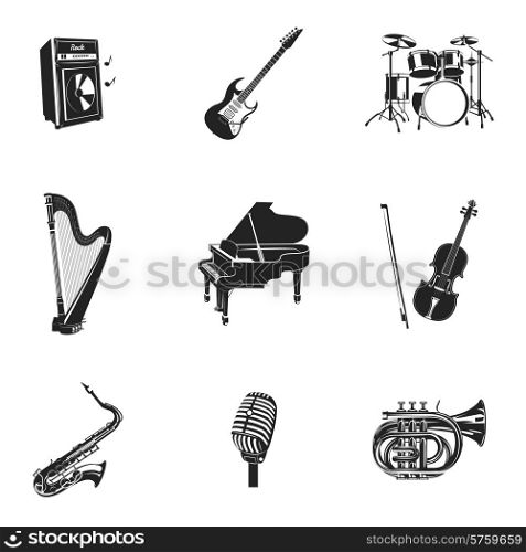 Musical instruments and equipment black decorative icons set isolated vector illustration. Musical Instruments And Equipment Set