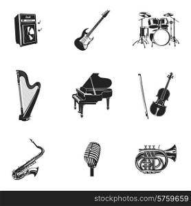 Musical instruments and equipment black decorative icons set isolated vector illustration. Musical Instruments And Equipment Set
