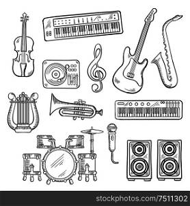 Musical instruments and equipments sketch icons of electric guitar, microphone and saxophone, trumpet, drum set, record player and synthesizers, lyre and violin, loudspeakers and treble clef . Musical instruments and equipments sketches