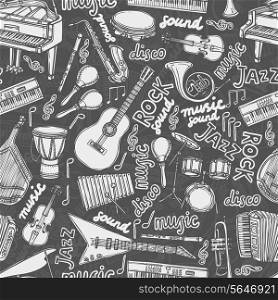 Musical instruments and music elements chalkboard seamless pattern vector illustration