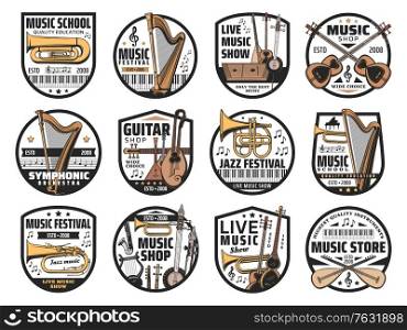 Musical instruments and notes, music vector icons. Isolated badges with piano, harp and guitar, trumpet, horn, trombone and cornet, shamisen, balalaika, lute and lyre, tanbur, duduk, saz and tar. Musical instruments and notes, music icons