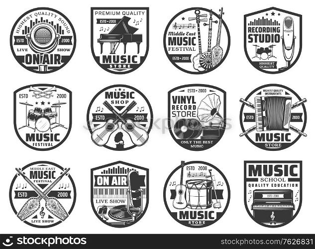 Musical instruments and sound records icons, music vinyl store and studio vector labels. Music instruments shop, on air radio microphone, music school, live concert show and folk music festival. Musical instruments sound record icons