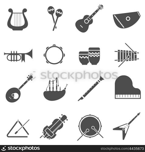 Musical Instruments Black White Icons Set. Musical instruments black white icons set with flute and bagpipe flat isolated vector illustration